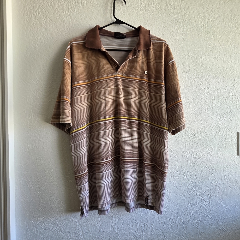 South Pole Men's Distressed Brown Striped Polo with Contrast Collar